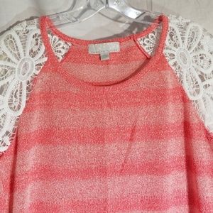 Carolyn Taylor red t with lace shoulder